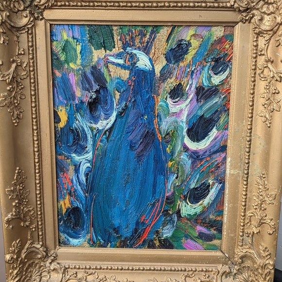 Oil on canvas peacock painting by Hunt Slonem.  11" x 14".  Painted 2011. - Picture 6 of 15